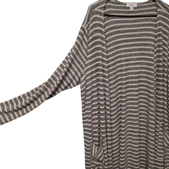 Lularoe Sarah Long Cardigan Open Front Pockets Womens XL 18 20 Gray Stripes - Picture 2 of 4